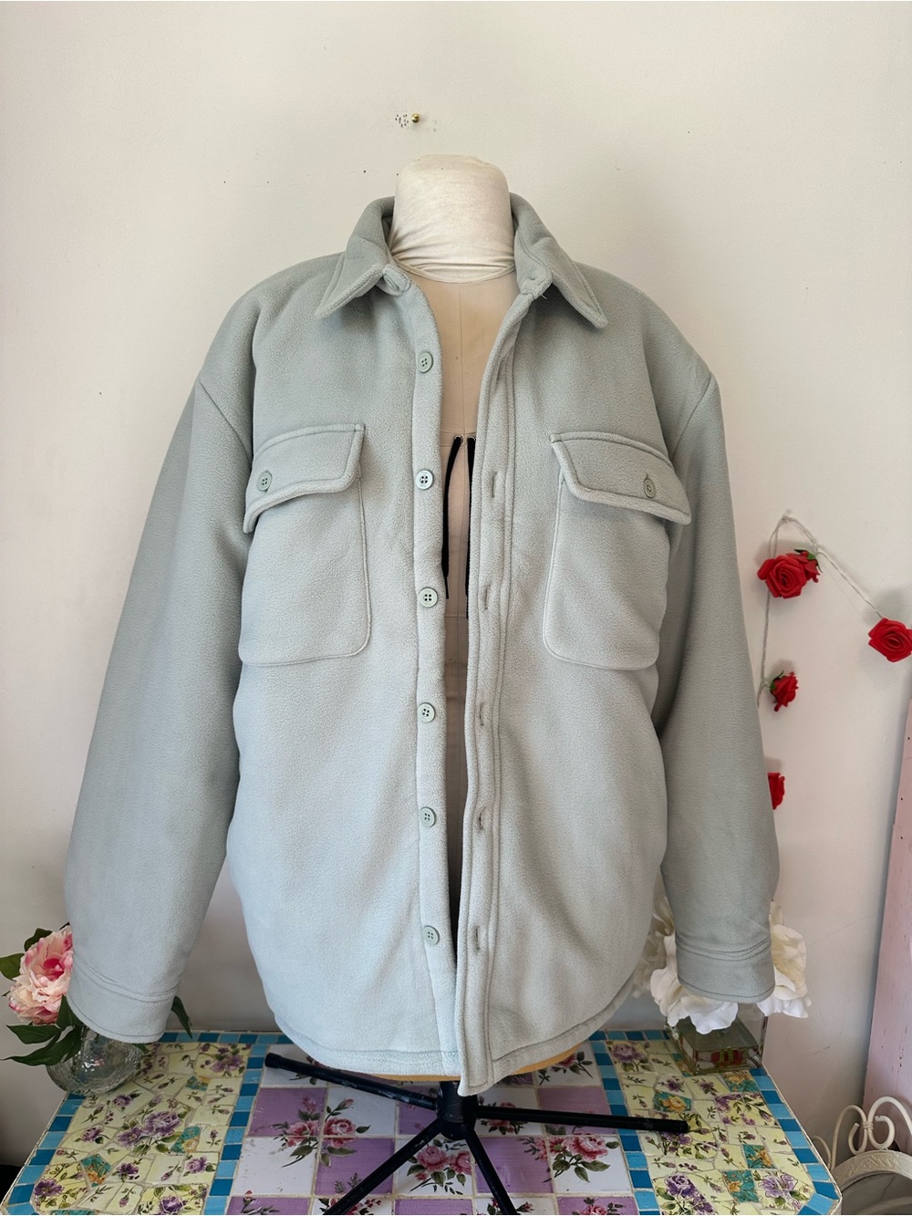 Aritzia TNA Green Fleece Button Down Boyfriend Oversized Jacket Shacket L XL